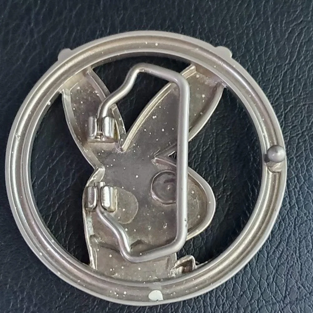 PLAYBOY Bunny Logo Rhinestone Silver Tone Round Belt Buckle Vintage Unisex